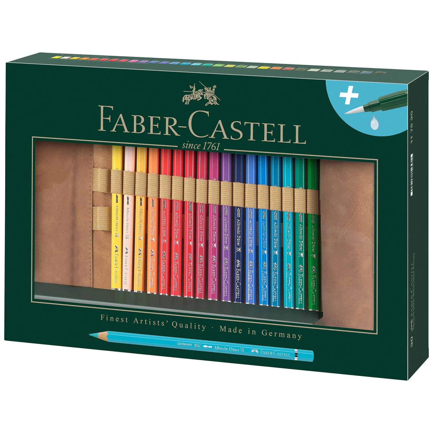 Faber-Castell Albrecht Durer 30 Artists' Watercolour Pencil Set With Roll Case & Brush 1 Faber-Castell Albrecht Durer 30 Artists' Watercolour Pencil Set With Roll Case & Brush