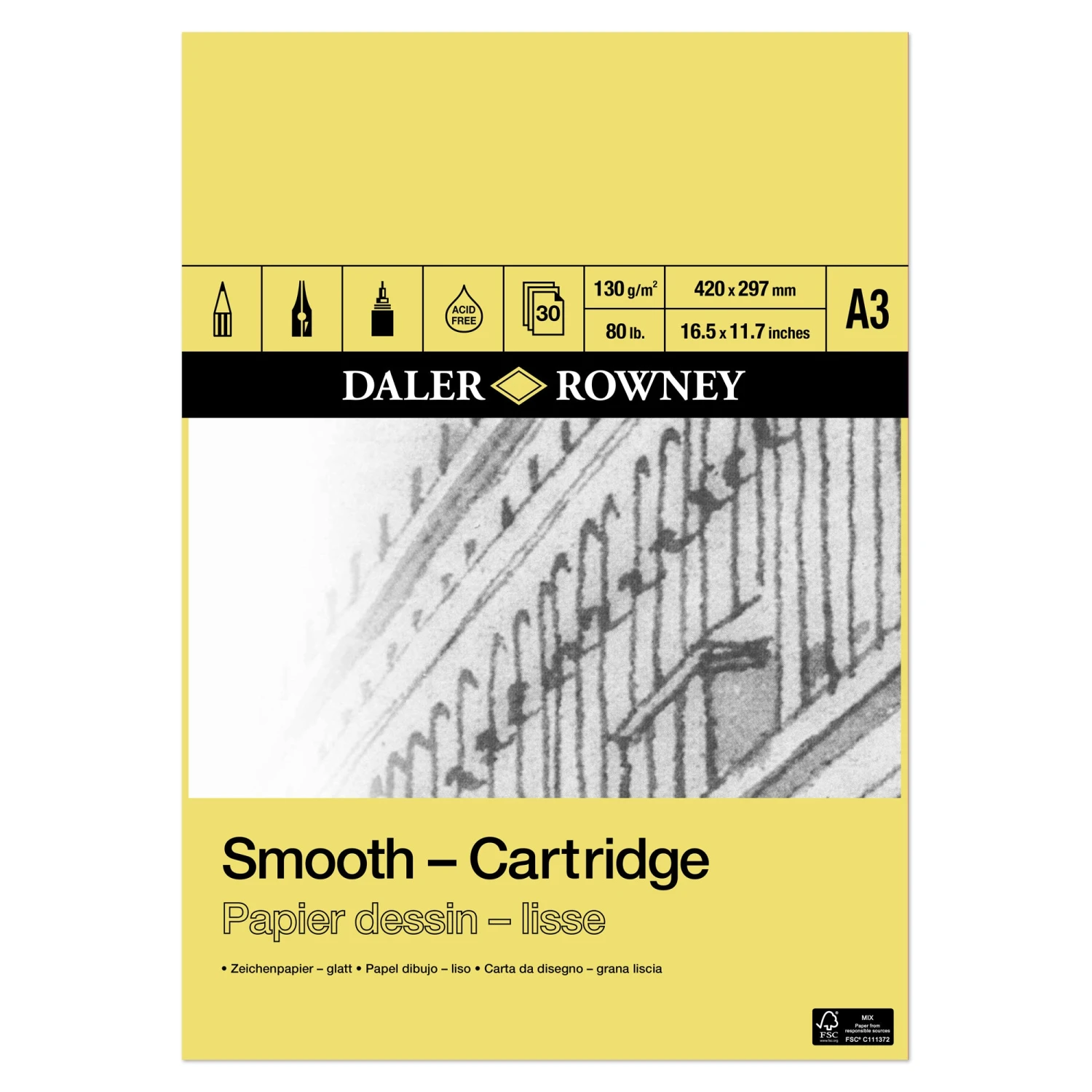 Daler-Rowney Smooth Cartridge Pad - 30 Sheets - 130gsm 2 Daler-Rowney Smooth Cartridge Pad - 30 Sheets - 130gsm - Image 2