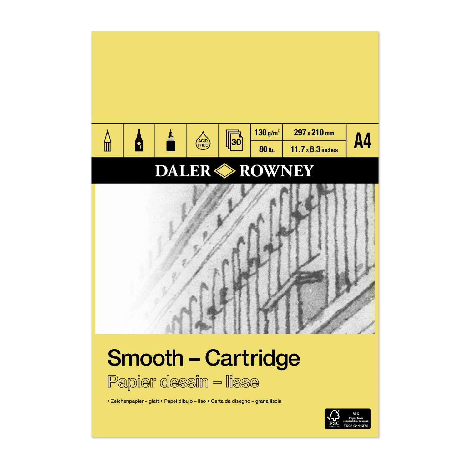 Daler-Rowney Smooth Cartridge Pad - 30 Sheets - 130gsm 1 Daler-Rowney Smooth Cartridge Pad - 30 Sheets - 130gsm