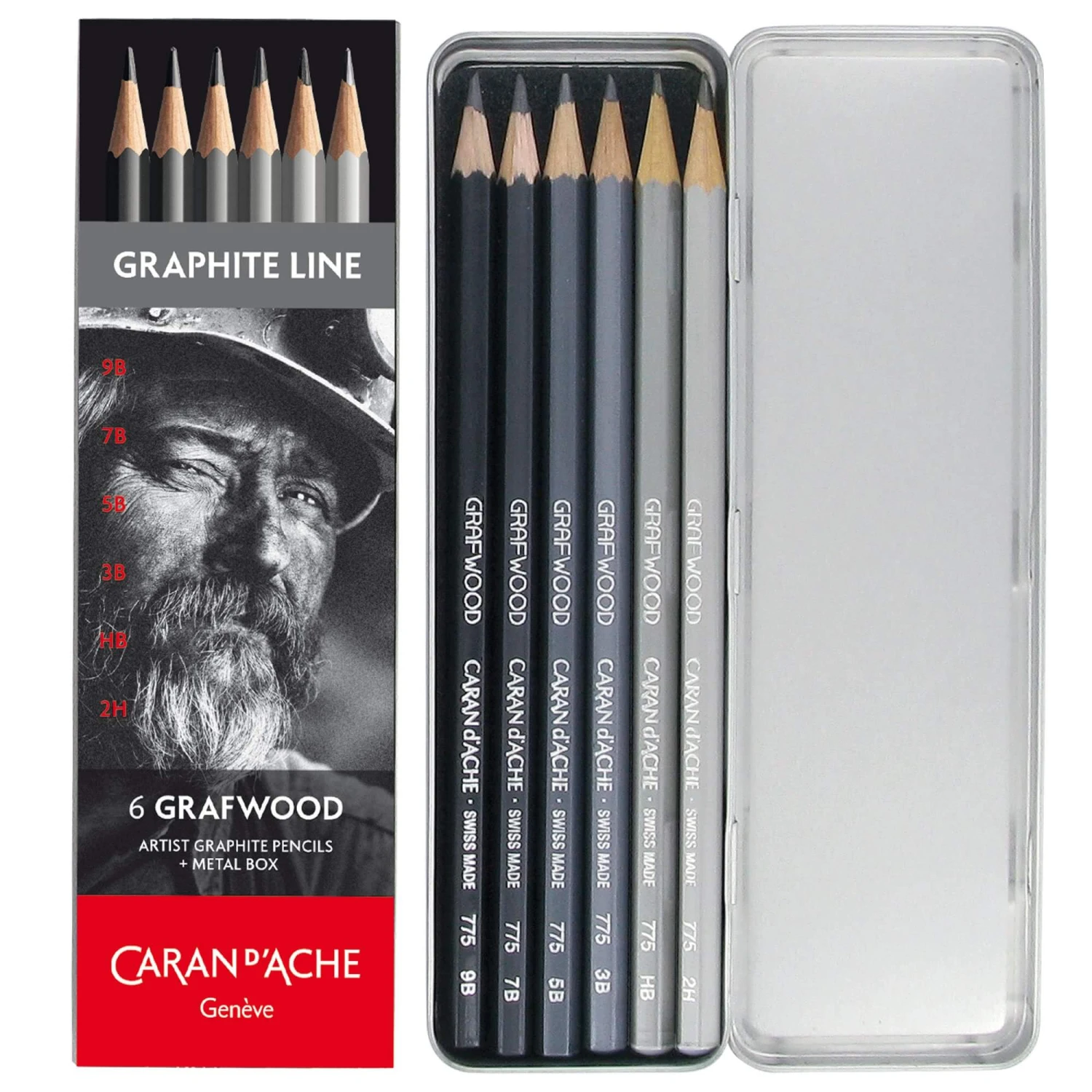 Caran D'Ache 6 Grafwood Artist Graphite Pencils + Metal Box 1 Caran D'Ache 6 Grafwood Artist Graphite Pencils + Metal Box